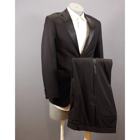 Bolzano Men's Black 2 Piece Suit TUX 2 Btn 36R Pleated Fronts 30" Waist - Picture 2 of 12